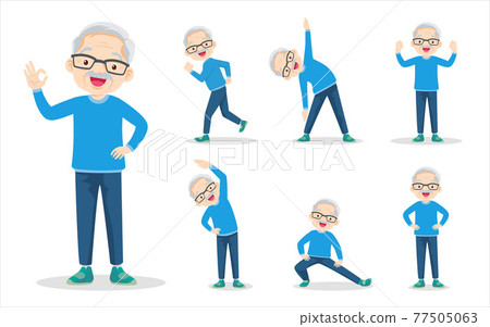 bundle set of smart elderly man on exercise various actions bundle set of smart elderly man on exercise various actions 77505063