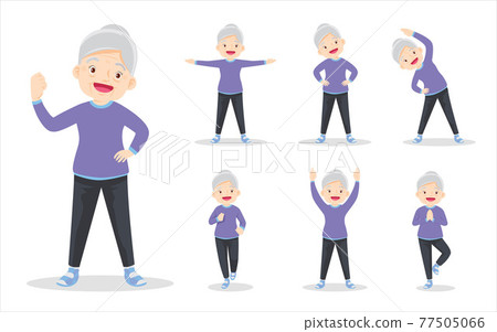 bundle set of elderly woman on exercise various actions bundle set of elderly woman on exercise various actions 77505066