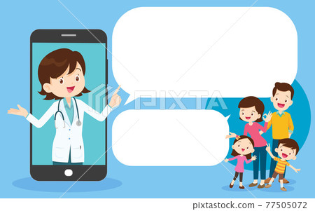 Smart woman doctor on the phone screen with family Smart woman doctor on the phone screen with family 77505072