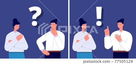Couple think. Young family question, mother dad thinking. Smiling pensive businesswoman thought. Business idea find, two managers utter vector concept 77505129