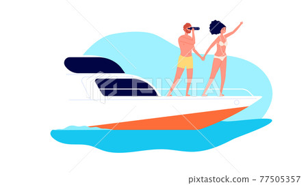 Sea travel. Romantic date on yacht, couple ocean tour. Woman man characters on boat in water, happy vacation vector illustration Sea travel. Romantic date on yacht, couple ocean tour. Woman man characters on boat in water, happy vacation vector illustration 77505357