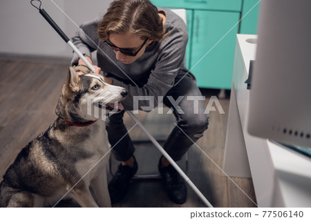 A blind girl with her husky guide dog, sitting on the chair, indoors 77506140