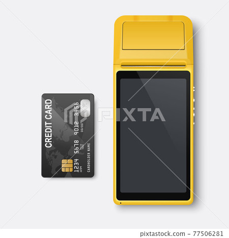 Vector Realistic Yellow 3d Payment Machine. POS Terminal, Credit Card Closeup Isolated. Approved Payment. Design Template of Bank Payment Terminal, Mockup. Processing NFC Payments Device. Top View Vector Realistic Yellow 3d Payment Machine. POS Terminal, Credit Card Closeup Isolated. Approved Payment. Design Template of Bank Payment Terminal, Mockup. Processing NFC Payments Device. Top View 77506281