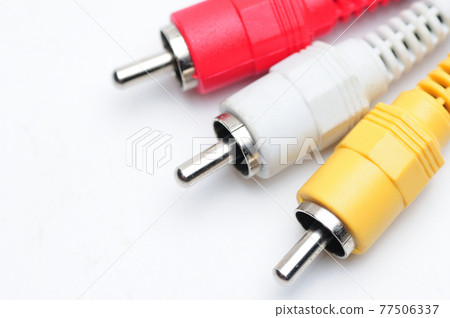Analog audio video cable of RCA standard on white background 77506337