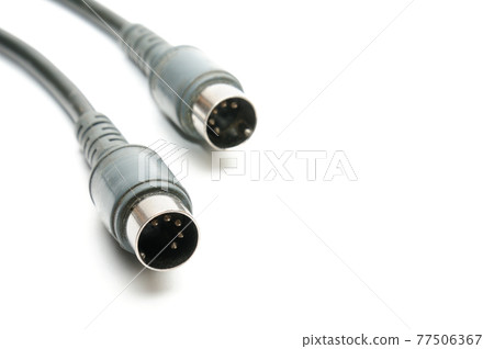 Stereo analog cable with DIN plug on white background Stereo analog cable with DIN plug on white background 77506367