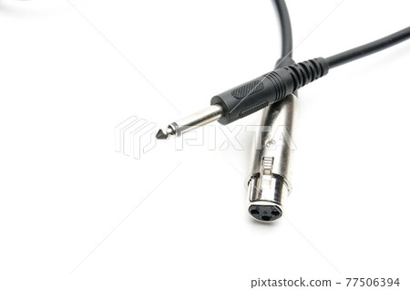 Audio cable with XLR and TRS jack connectors for microphones and professional audio equipment on a white background 77506394