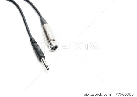 Audio cable with XLR and TRS jack connectors for microphones and professional audio equipment on a white background Audio cable with XLR and TRS jack connectors for microphones and professional audio equipment on a white background 77506396