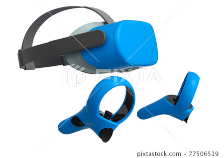 Virtual reality glasses and controllers for online gaming on white background 77506519