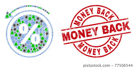 Money Back Grunge Seal Stamp and Percent Back Mosaic of Covid-2019 Winter Items 77506544
