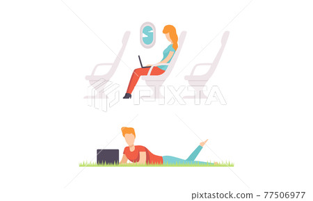 Young Man and Woman Sitting with Laptop Working from Anywhere Vector Set Young Man and Woman Sitting with Laptop Working from Anywhere Vector Set 77506977
