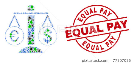Equal Pay Scratched Stamp Seal and Compare Euro Dollar Collage of Covid-2019 Winter Icons 77507056