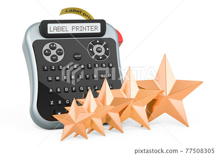 Rating of label printers concept. Label printer with five golden stars, 3D rendering 77508305