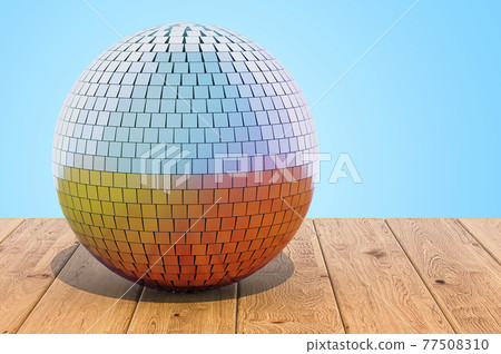 Mirror disco ball on the wooden planks, 3D rendering 77508310