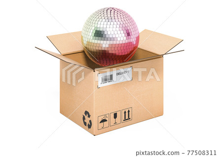 Mirror disco ball inside cardboard box, delivery concept. 3D rendering Mirror disco ball inside cardboard box, delivery concept. 3D rendering 77508311