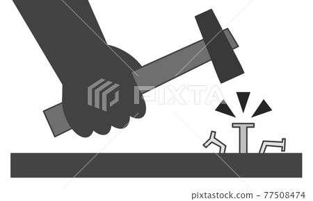 Illustration of hitting a nail with a mallet with a do-it-yourself carpenter 77508474