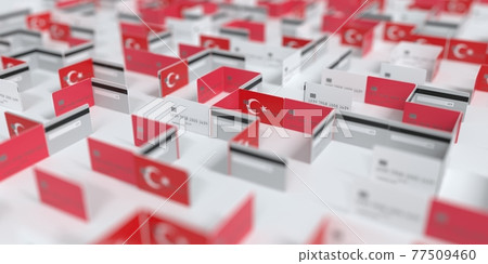 Fictional credit card maze with flag of Turkey. Financial problems related 3D rendering 77509460