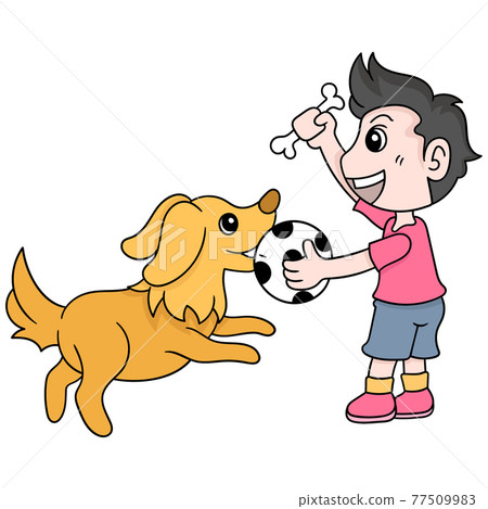 boy and his pet dog are playing ball together, doodle icon image kawaii 77509983