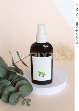 Eco friendly Bottle or jar with natural skincare cosmetics, creams or oils on light background. Plant-based beauty products with eucalyptus Eco friendly Bottle or jar with natural skincare cosmetics, creams or oils on light background. Plant-based beauty products with eucalyptus 77510723