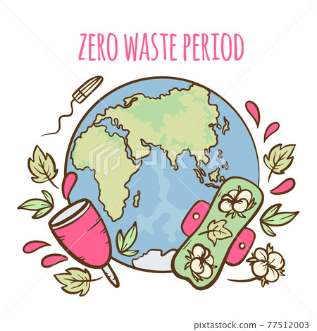 ZERO WASTE PERIOD Feminine Hygiene Menstrual Gynecological Healthcare Hand Drawn Vector Illustration Set 77512003