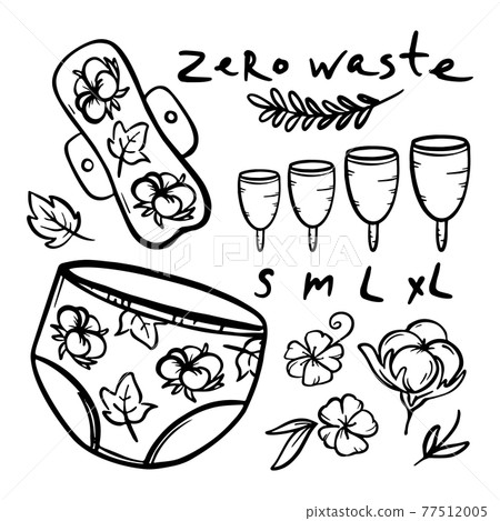 ZERO WASTE Feminine Hygiene Gynecological Healthcare Hand Drawn Vector Illustration Set 77512005