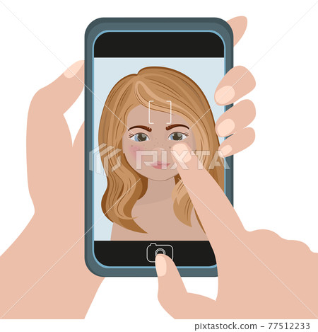 WOMAN SELFIE Holds In Hands Smartphone With Photo Of Girl With Long Blonde Hair Cartoon Clip Art In Flat Style Vector Illustration Set For Print WOMAN SELFIE Holds In Hands Smartphone With Photo Of Girl With Long Blonde Hair Cartoon Clip Art In Flat Style Vector Illustration Set For Print 77512233