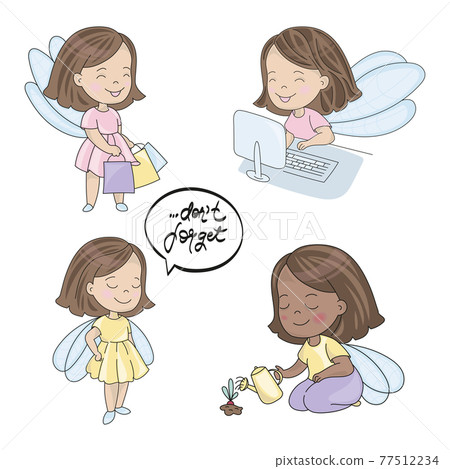 WOMAN DAY Little Girl With Wings Works Computer Goes Shopping And Dreams And Watering The Plants Cartoon Characters Clip Art Vector Illustration Set For Print WOMAN DAY Little Girl With Wings Works Computer Goes Shopping And Dreams And Watering The Plants Cartoon Characters Clip Art Vector Illustration Set For Print 77512234