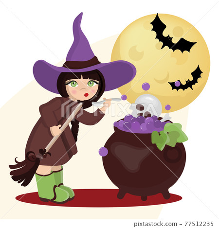 WIZARD MOON Mystic Holiday Halloween Cartoon Hand Drawn Flat Design Witch Girl Vector Illustration Set For Print 77512235
