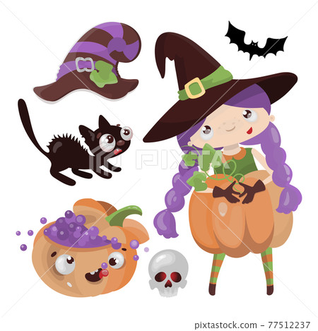 WITCH PUMPKIN Mystic Wizard Holiday Halloween Cartoon Hand Drawn Flat Design Girl Vector Illustration Set For Print WITCH PUMPKIN Mystic Wizard Holiday Halloween Cartoon Hand Drawn Flat Design Girl Vector Illustration Set For Print 77512237