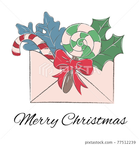 WINTER LETTER With Lollipops Tied With A Red Bow And Gifts Merry Christmas Hand Drawn Cartoon Clip Art In Grunge Style Vector Illustration Set For Print 77512239