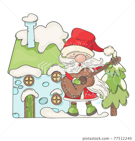 WINTER HOUSE OF SANTA Singing And Playing Guitar Christmas Melodies Next To The Snow Covered House New Year Cartoon Clip Art Vector Illustration Set For Print WINTER HOUSE OF SANTA Singing And Playing Guitar Christmas Melodies Next To The Snow Covered House New Year Cartoon Clip Art Vector Illustration Set For Print 77512240
