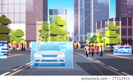 detection and identification of people and cars on city street roads facial recognition AI analyze big data concept 77512451
