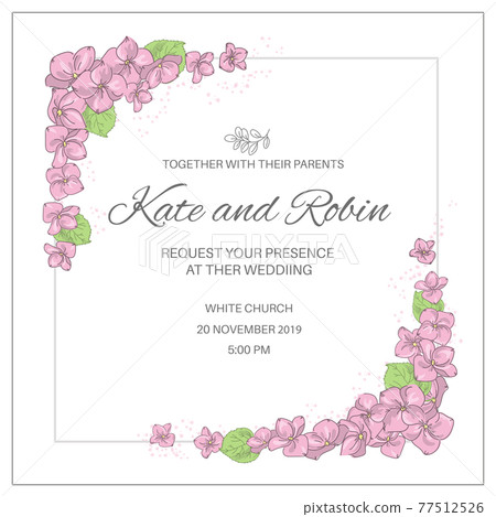 WEDDING INVITE Frame Template With Pink Flower Compositions In The Corners With Text In The Middle Cartoon Clip Art Vector Illustration Set For Print 77512526