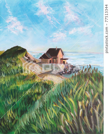 old wooden house illustration. small seashore house standing on a hill over the ocean. meadow grass on a foreground. calm peaceful place to get rest and relax. stress relief and inner peace concept 77513344