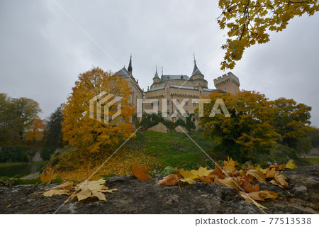 Beautiful autumn maple leaves, dreamy and romantic Hamanikiri Castle Fortress. 77513538