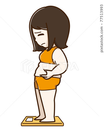 一個患有肥胖症的女人騎在秤上 一個患有肥胖症的女人騎在秤上 77513993
