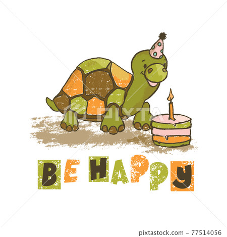 TURTLE In Hat Blows Out Candle In Birthday Cake Tropical Animal Hand Drawn Grunge Style Sketch With Text Cartoon Clip Art Vector Illustration Card For Print 77514056