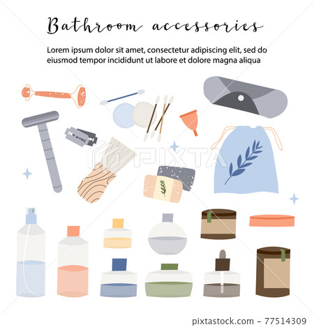 Bathroom accessories, bath item, toiletry. Dental cleaning tools, natural skin care, organic cosmetics. Zero waste bathroom, reusable products. Eco friendly lifestyle. Vector flat cartoon illustration 77514309