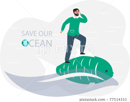Guy standing on large fish and looks to future. Save our ocean. Man thinking about environment 77514331