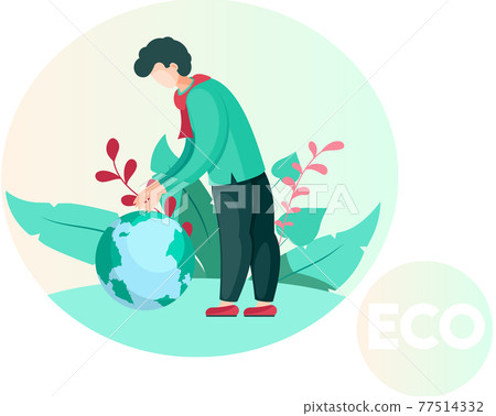 Guy leans towards small globe. Man thinking about environment and caring for nature of planet 77514332