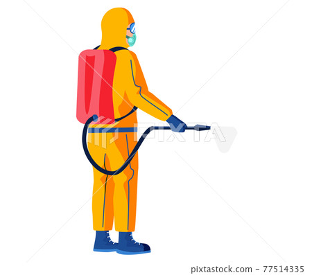Character in protective outfit isolated on white background. Man sprays disinfectant liquid 77514335