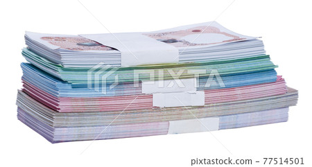 Stack row of national currency Bank Note for business, saving, economy. White background isolated Stack row of national currency Bank Note for business, saving, economy. White background isolated 77514501