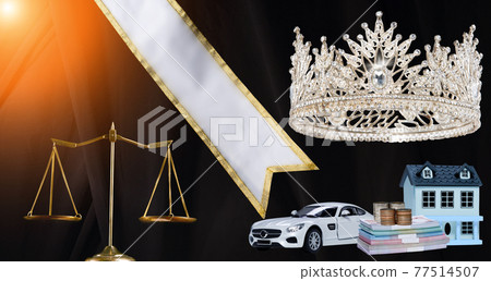 Prize Winning Award for Winner of Miss Beauty Queen Pageant Contest is Vehicle, Money, House, Diamond Crown, studio lighting abstract Blue background 77514507