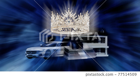 Prize Winning Award for Winner of Miss Beauty Queen Pageant Contest is Vehicle, Money, House, Diamond Crown, studio lighting abstract Blue background 77514509
