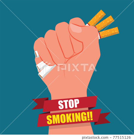 Cigarettes in fist hand. giving up smoking. stop smoking concept. May 31st World No Tobacco Day. No Smoking Day Awareness. Poison of cigarette. Vector. Illustration 77515126