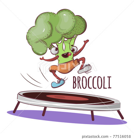 TRAMPOLINE JUMPING Broccoli Sport Vegetable Cartoon Health Nutrition Nature Hand Drawn Vector Illustration For Print 77516058