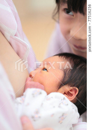 姐姐看著媽媽給新生嬰兒餵奶 姐姐看著媽媽給新生嬰兒餵奶 77516256