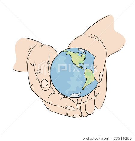 TAKE CARE NATURE Planet Earth Like Globe Lies In Human Hands Ecology Problem Banner Cartoon Clip Art Vector Illustration Set For Print 77516296