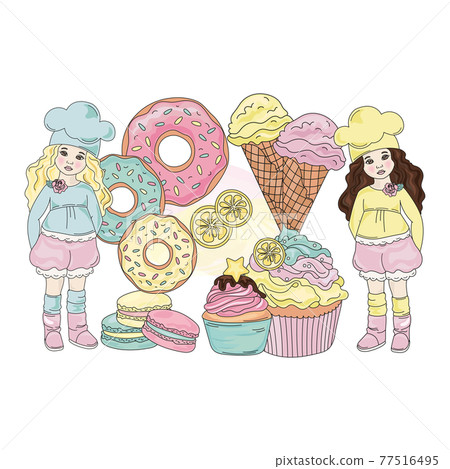 SWEET LIFE PRODUCTION Two Girls Confectioners And Their Products Ice Cream Donuts Cookies And Biscuit Dessert Cartoon Clip Art Vector Illustration Set For Print 77516495