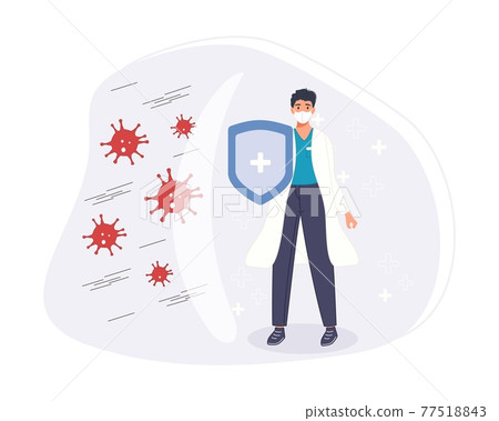 Fight and protect Coronavirus concept. Medical staff fight protective shield with pandemic. Vector illustration Fight and protect Coronavirus concept. Medical staff fight protective shield with pandemic. Vector illustration 77518843
