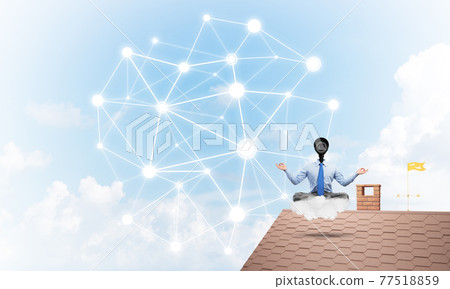 Concept of security and privacy protection with camera headed man meditating Concept of security and privacy protection with camera headed man meditating 77518859